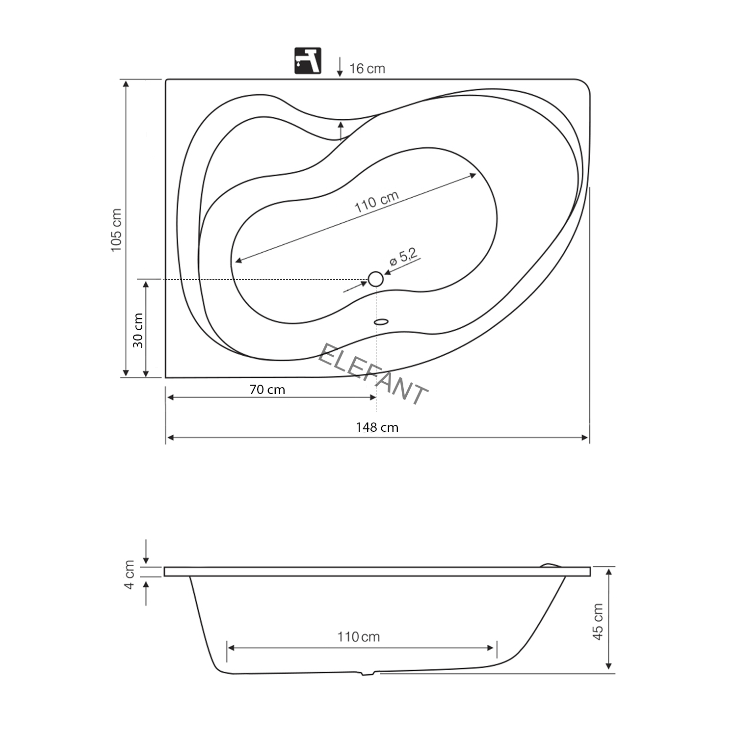 CIDLINA 150 vana 150x105x45cm bez nožiček, levá, bílá